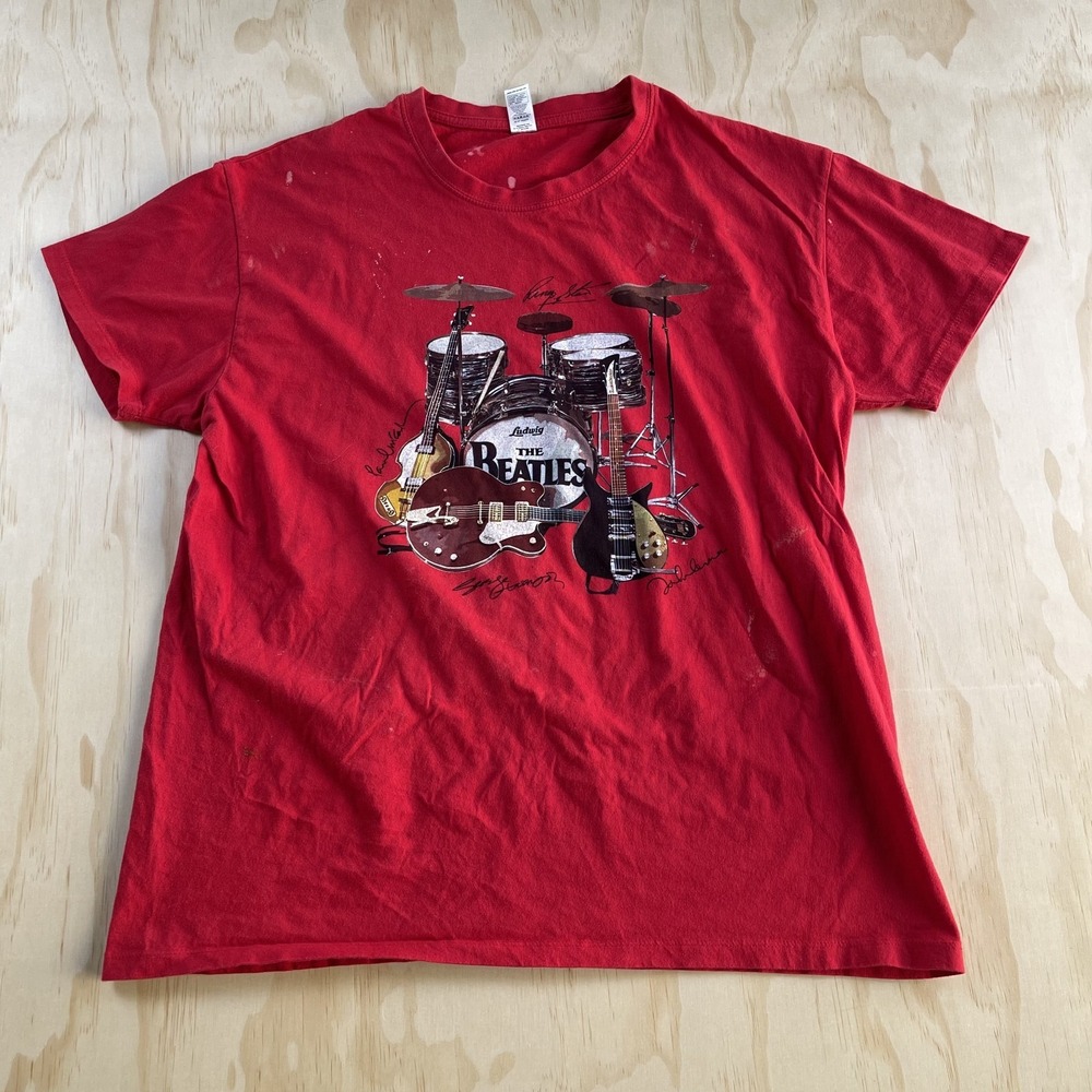 The Beatles Shirt Womens XL Red Drum Kit Guitars Graphic Band Tee T-Shirt